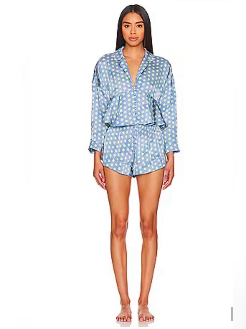Free People Polka Dot Satin Beauty Sleep Set Blue & Yellow